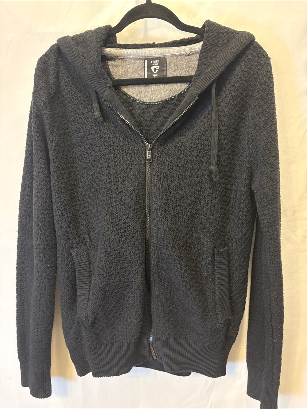 Fried Denim Men's Black Textured Zip-Up Hoodie Sweater